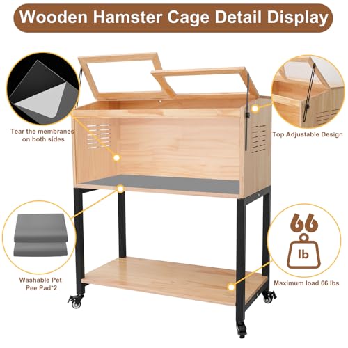 Wooden Hamster Cage with Storage Shelf, Large Hamster Cage, Pine, Guinea Pig Cages, 40.0" L x 20.0" W x 42.0" H Small Animal Cages with Stand & Wheels for Guinea Pig, Chinchilla, Rat, Bunny, etc. - size: 40.0"L x 20.0"W x 42.0"H