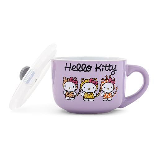 Silver Buffalo Sanrio Hello Kitty Jungle Animals Ceramic Soup Mug Bowl With Vented Lid and Handle For Ice Cream, Cereal, Beverages | Holds 24 Ounces