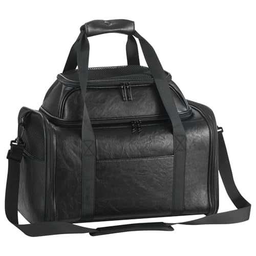 Premium Leather Top Expandable Pet Carrier for Small Dogs & Cats Under 15 lbs, Airline Approved Collapsible Soft-Sided Luxury Travel Bag Black - color: Black