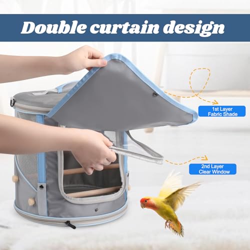 halinfer Bird Travel Carrier Cage for Small to Medium Size, Portable Parrot Parakeet Cockatile Conure Transport Cage with Clear Window and Fabric Shade, Round Carry Bird Bag - color: Grey