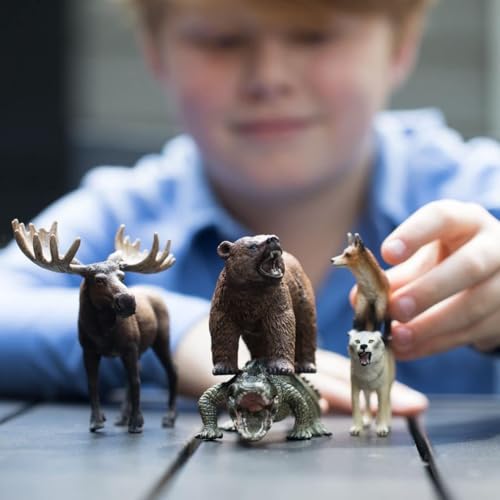 Schleich Wild Life - 5PC North American Animal Figurine Bundle - Realistic Moose, Wolf, Fox, Alligator, and Grizzly Bear Figures - Educational Toys for Kids for Screen-Free Play - 3+ | 77417 | Wild Animal Figurine, Realistic Animal Toys, Safari Toy for Bo