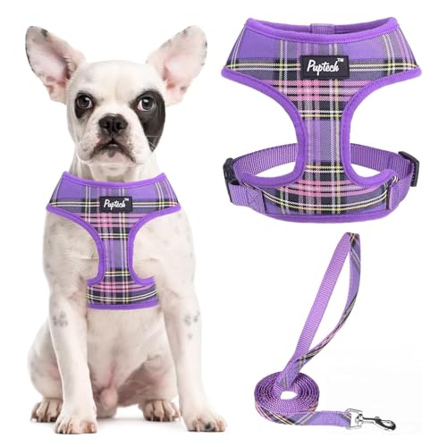 PUPTECK Soft Mesh Dog Harness and Leash Set Pet Puppy Cat Comfort Padded Vest No Pull Harnesses, Purple, S - color: Purple, size: S (NECK: 12", CHEST: 14"-18")