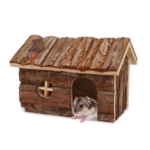 Hypeety Natural Wooden Hamster House Cage Small Animals House with Chimney | Natural solid wood, chew-proof and ventilated play house, for hamsters/gerbils/mice, no assembly required, 7.8x5.1x5.1'', M - size: M