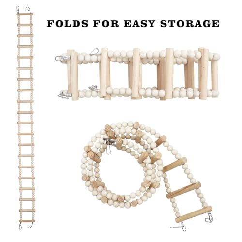 Long Bird Ladder with Wooden Rungs and Beads, Parakeet Climbing Swing Toys, Bird Cage Accessories, Wooden Climbing Bridge Toys for Parrots, Rat, Sugar Gliders, Squirrels, Snakes - size: 44.48×5.9 Inches