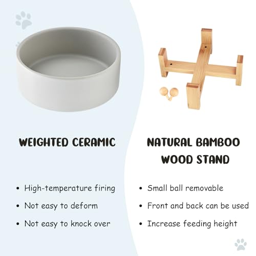 SPUNKYJUNKY 15° Slanted Ceramic Dog and Cat Bowl with Wooden Stand, Tilted Bulldog Food and Water Bowl No Slip Non-Spill for Cats Medium Dogs Big Face Pets 28.7 OZ (3.6 Cups, Grey) - color: Grey, size: 3.6 CUPS × 1