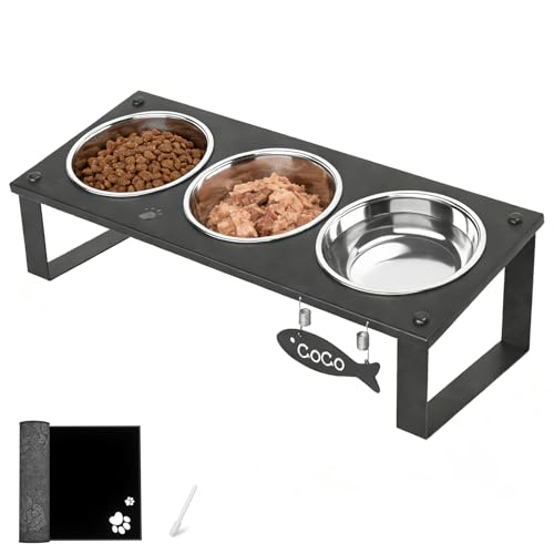 3 in 1 Elevated Cat Bowls with Splash proof Mat for Kittens, Puppies, Multi-pet Households, 10° Tilted Raised Cat Bowls Anti-Vomiting, 3 Wide Shallow Stainless Steel Bowls, Whisker Friendly, 3.5" Tall - color: Black-3bowls
