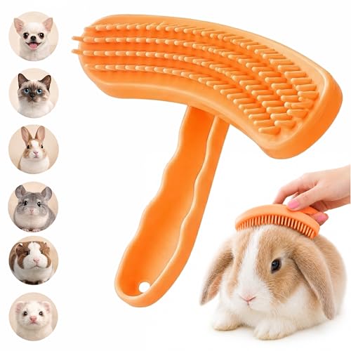 Large Silicone Grooming Brush for Rabbits, Cats & Small Dogs | Rabbit, Cat & Dog Fit | Soft Low-Stimulation Brush | Curved Pet Fit | Daily Bonding | Rinse-Clean Head - color: Orange, size: Large