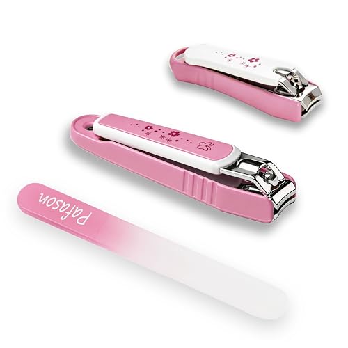 PAFASON Ultra Sharp Nail Clipper Set, Fingernail and Toenail Trimmer Cutter, Stainless Steel, Curved Blade, Sturdy, Nail Catcher, Nail Files for Men and Women - color: Light Pink