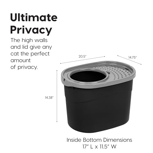 IRIS USA Large Top Entry Cat Litter Box, Hooded Privacy, Black/Gray | Multi-Cat Households, Protected Interior, Enclosed Top Access, Dog Proof Pan, Reduced Tracking, Odor Trapping - color: Black w/ Scoop