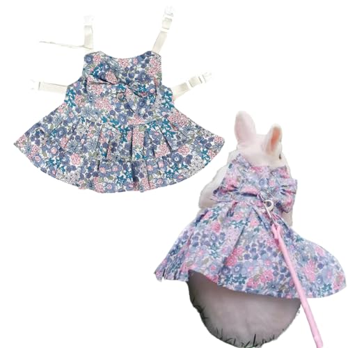 Rabbit Leash and Harness Set Adjustable Bunny Rabbit Dress Rabbits Clothes Outfit for Small Pet Ferret Guinea Pig Kitten Puppy (Blue,S) - color: Blue, size: S