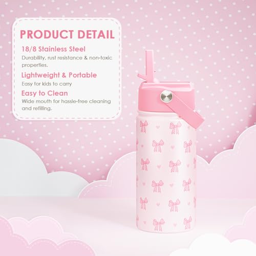 Bow Kids Water Bottle With Straw Lid 12oz Insulated Stainless Steel, Travel Tumbler, Pink Bow Gifts For Girls, Birthday, Christmas, Back To School - color: Bow 1