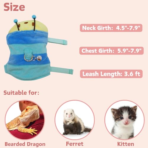 Ferret Harness and Leash Set - Small Animal Soft Fleece Vest with Safe Bell Halloween Outfit Adjustable Traction Rope Outdoor Walking Training Leash for Ferret Rat Bearded Dragon Kitten (Blue) - color: Blue