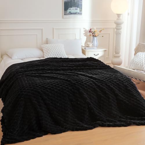 XeGe Luxury Bubble Fluffy Faux Rabbit Fur Bed Blanket Queen Size, Black | 90"x90", Double-Sided, Hypoallergenic, No-Shed, Washable, Plush Shaggy Blanket for Bed Couch Sofa Snuggling Lounging Napping - color: Black, size: Queen (90" X 90")