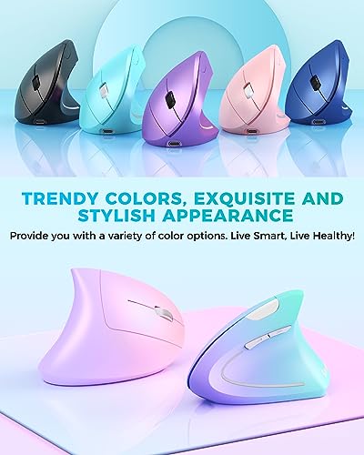 Lekvey Ergonomic Mouse, Rechargeable Vertical Wireless Mouse, Green Purple | USB-C Charging, 2.4G Wireless, 800/1200/1600 DPI, Quiet Clicks, 6 Buttons, Carpal Tunnel Mouse, for Laptop, PC, Computer, Mac - color: Green and Purple