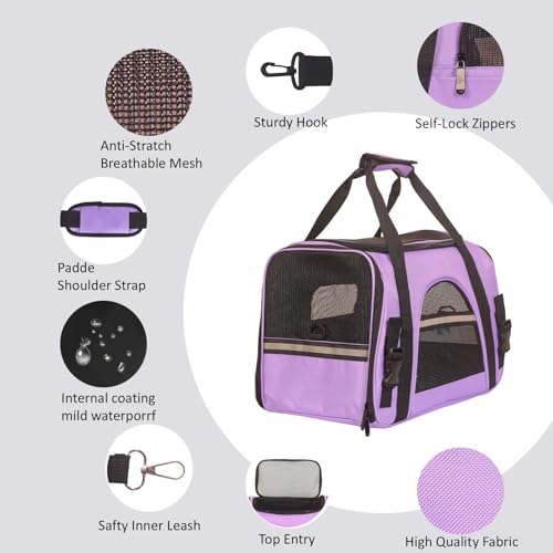 Purple Soft-Sided Cat Carrier, Airline Approved Cat and Dog Carrier Travel Bag with Mesh Windows, Cat Carrying Case Up to 15 Lbs (Purple, Small) - color: Purple