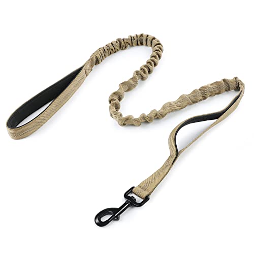 rabbitgoo Tactical Dog Leash, Heavy Duty Training Bungee Lead | Military Leash with 2 Padded Control Handles for Medium Large Dogs, No Pull for Shock Absorption, Reflective, Brown, 5.2FT - color: Brown, size: Max: 5.2ft