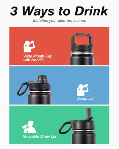 Coolflask 24 oz Insulated Water Bottle with Straw & 3 Leakproof Lids | Water Flask Stainless Steel Triple-Wall Vacuum, Cupholder Friendly, Cold 48+h, Dishwasher Safe, Non-BPA, for Gym & Hiking - color: Magic Black, size: 24 Ounces