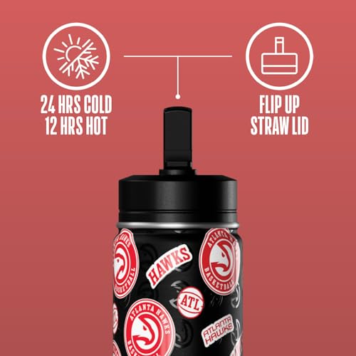 Hydrapeak x NBA Officially Licensed Atlanta Hawks 14oz Mini Kids Water Bottle with Straw Lid and Handle Reusable Stainless Steel Double Wall Insulated Spill Proof Sports Gift for Boys Girls - color: Atlanta Hawks