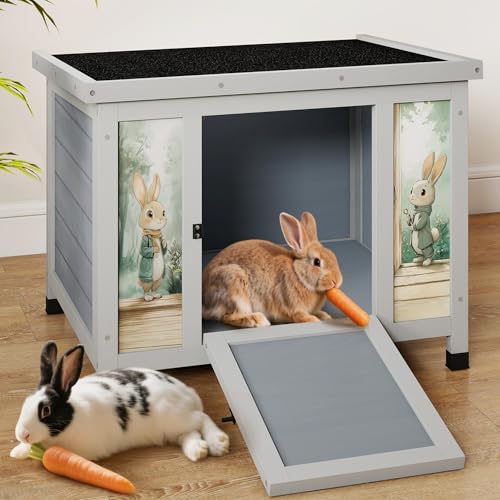 COZIWOW 24 Inch Rabbit Hutch Outdoor, Weatherproof Cat House, Bunny Cage Indoor with Non-Slip Ramp, Portable Wooden Shelter for Rabbits, Feral Cats, Chicken, Duck & Other Small Animals (Grey) - color: Grey w/printing