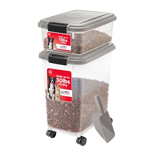 IRIS USA Airtight Dog Food Storage Container Combo, 30 lb & 11 lb Bin | Stackable food storage system includes scoop and wheels to keep kibble, treats, and pet food fresh and organized. - color: Chrome