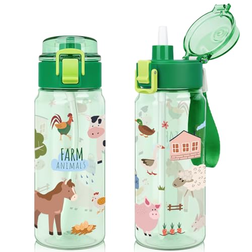 Tritan Kids Water Bottle for School, 18.6 Oz Leakproof Toddler Water Bottle | with a Pop-up Detachbale Straw, 2-in-1, Dishwasher Safe, 1-Pack, Farm Animals - color: Farm Animals