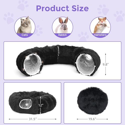 Cat Tunnel with Bed – Soft Plush Peekaboo Donut Cave for Indoor Cats | Under Christmas Tree Hideaway & Multifunctional Playground Toy for Kittens, Rabbits, Ferrets (Long-Pile Fabric Black) - color: Long-pile fabric Black