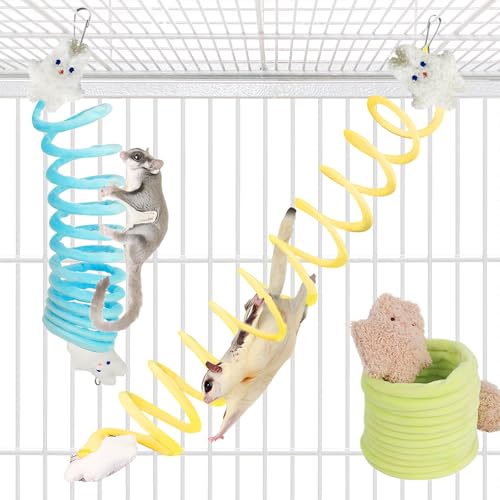 3Pcs Elastic Sugar Glider Climbing Rope Toys, Hanging Cage Accessory | Enrichment Toys Wrapped in Short Plush for Soft Touch & Spring Design Boost Climbing Fun & Build Small Pets’ Climb Strength - color: 3pcs blue & yellow & green