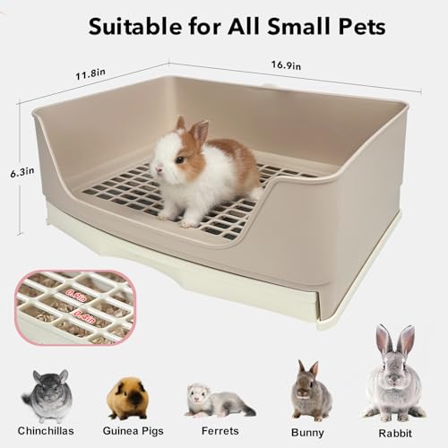 RUBYHOME Oversize Rabbit Litter Box with Drawer, Corner Toilet Box with Grate Potty Trainer, Bigger Pet Pan for Adult Guinea Pigs, Chinchilla, Ferret, Galesaur, Small Animals, 16.9 inch Long (White)