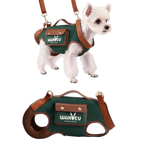 Wakytu Dog Lift Harness Dog Carrier Sling for Small Dogs & Cats,S | stylish puppy sling carrier with handle & pocket,adjustable leash,walking & travel - color: 1.0 Green, size: Small(4-8 LBS)