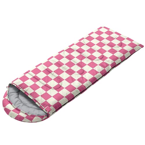 Sleeping Bags for Adults and Kids Backpacking Camping Sleeping Bags for Girls and Boys Lightweight Waterproof Cold/Warm Sleeping Bag for All Season - color: Pink and White Check