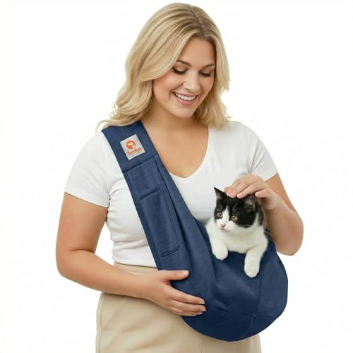 Tomkas Small Dog Cat Sling Carrier Puppy Purse Travel Wrap Soft Crossbody Pet Bag (Dark Blue, M - Classic Pocket & Classic Strap) - color: Dark blue