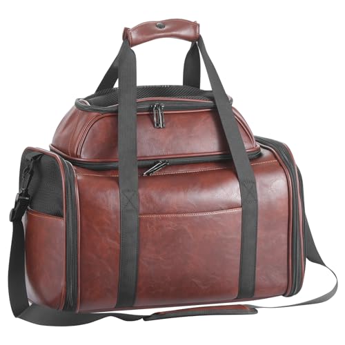 Premium Leather Top Expandable Pet Carrier for Small Dogs & Cats Under 15 lbs, Airline Approved Collapsible Soft-Sided Luxury Travel Bag Coffee - color: Coffee