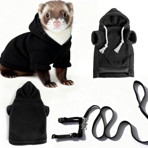 Small Pet Harness Vest and Leash Set Ferret Clothes Hoodies for Ferrets for Outdoor Walking Rabbit Ferret Guinea Pig Bunny Hamster Puppy Kitten (Black Clothes + Leash) - color: Black clothes + leash