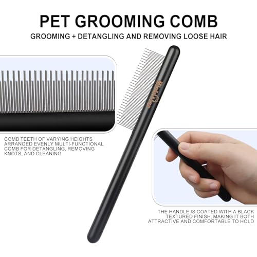 Long&Short Fine Tooth Flea Comb with Wood Handle 7.87in/20cm | Metal Comb Teeth,Pet Flea&Lice Comb,Pet Grooming Tool for Dogs&Cats&Rabbits&Guinea Pig,Remove Loose Hair Tangles Dirt Fleas