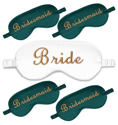 WJINGYIJIA Bridal Party Satin Sleep Mask Set, 1 Bride and 4 Bridesmaid Eye Masks, Gold Embroidered, Bachelorette Party Favors, 5 Pack (Peacock Green, One Size) - color: Peacock Green