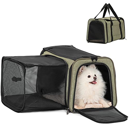 Petsfit 19"X12" X12" Expandable Pet Carrier, Square Expansion Reduces Pet Anxiety, Escape-Proof Self-Locking Zippers, 3 Easy-Access Entrances, for Cats & Small Dogs up to 18 lbs - color: Green, size: 19.0"L x 12.0"W x 12.0"H