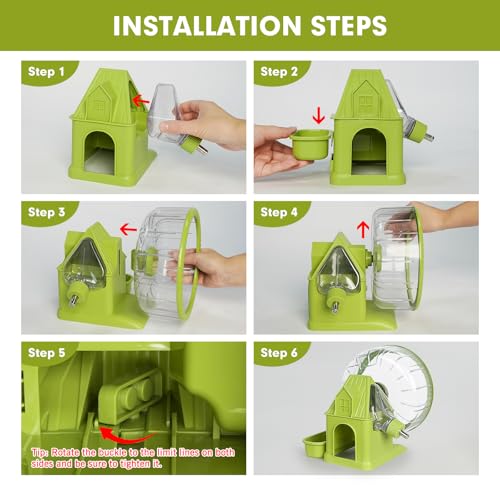 VANNON 4 in 1 Quiet Hamster Exercise Wheel, Multi Functional Hamster House with Running Wheel, Water Bottle, Food Bowl and Hideout, Small Animals Exercise Running Toys for Hamsters Gerbils Mice, Green - color: Green