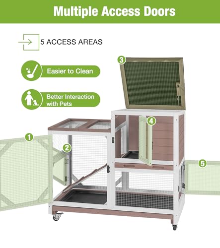 GUTINNEEN Wooden Duplex Rabbit Cage on Wheels with Chew-Proof Ramp, Brown | 4 mobile swivel casters, 2-story design, waterproof rain cover, 5 access doors, 2 sliding trays - color: Brown