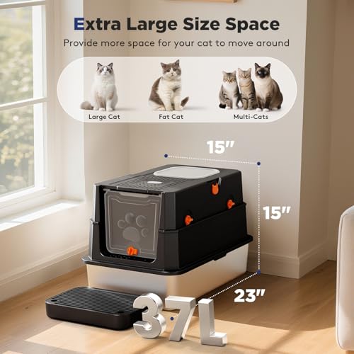 FURTIME Stainless Steel Litter Box with Lid, Enclosed Metal Cat Litter Box | XL Extra Large, Cat Box with High Sided Enclosure & Scoop, Big Cats, Front & Top Entry, Odor Free, Anti-Leakage, Black - color: Black, size: X-large