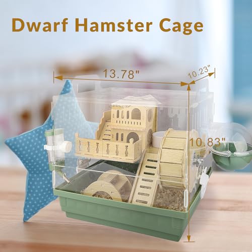 Cycodo 8 in 1 Acrylic Hamster Cage,2-Tier Dwarf Hamster Cage with Wooden Wheel & Hideout,Small Hamster Habitat with Accessories,Clear Pet Mice House(Green,14" L*10" W*11" H) - color: Green