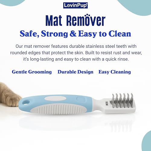 Pet Mat Remover – Professional Dematting Comb for Dogs and Cats | Dematting Comb w/Stainless Steel Rounded Teeth for Gentle Knot & Tangle Removal – Dog Dematting Tools & Dog Grooming Supplies - size: Mat Remover