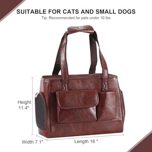 Dog Carrier Purse, Fashion Leather Pet Carrier Bag, Airline Approved Soft Sided Cat Travel Tote Bag with Pockets Coffee - color: Coffee