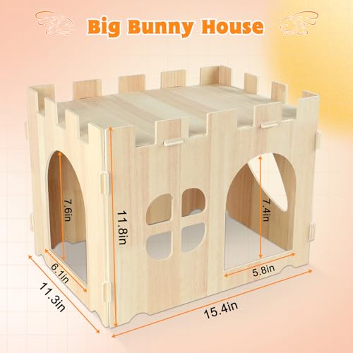 YUEPET Wooden Rabbit Castle, Bunny Castle & Detachable Rabbit House Hideout | Poplar Plywood Panels, Tool-Free Assembly, 12 Rubber Fastening Rings, Two-Level Hideout, Bunny House Indoor - size: Rabbit Castle+No Ramp