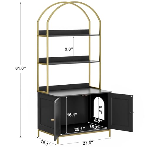 Homhedy Cat Litter Box Enclosure with 2-Tier Shelves, Black and Gold | Litter Box Furniture Hidden, Indoor Cat House, Wooden Cat Washroom Furniture with Metal Frame, Modern Style - color: Black and Gold