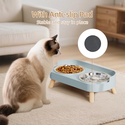 Elevated Cat Bowl, Raised Cat Food and Water Bowl Set for Indoor Cats, Splash Proof with 2 Stainless Steel Pet Food Bowls for Cats and Puppies, Whisker Fatigue and Dishwasher Safe - Blue - color: Cat Bowls-Blue