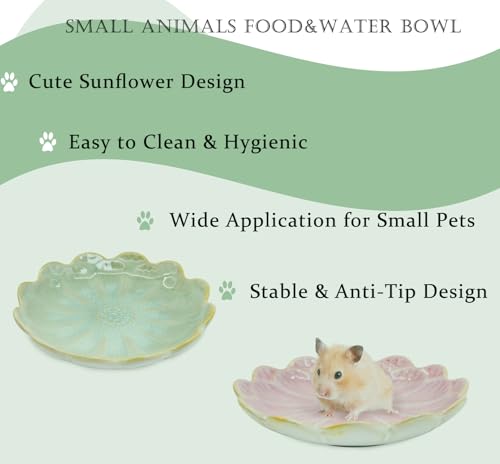 Hamster Food Bowl，2 Pcs Sunflower Hamster Bowls,Hamster Ceramic Food Bowl，Food Dish for Small Animals Hamster Guinea Pig Rat Mice Gerbil Dwarf (Pink+Green)