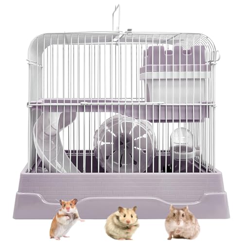 PINVNBY 2-Tier Dwarf Hamster Cage, Hamsters Travel Cage Portable Mouse Cages with Running Exercise Wheels, Water Bottle and Food Dish for Hamster Mouse Rat (Gray) - color: Gray, size: M: 11.7x8.7x9.8in