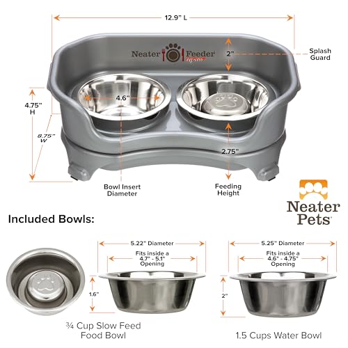 Neater Feeder Express Mess Proof Dog Bowls Elevated for Small Breed – Made in USA – No Spill Raised Slow Feeder Elevated Dog Bowl Stand, Stainless Steel Food and Water Bowl Set, Grey - color: Gunmetal Grey, size: Small w/ Metal Slow Feed Bowl