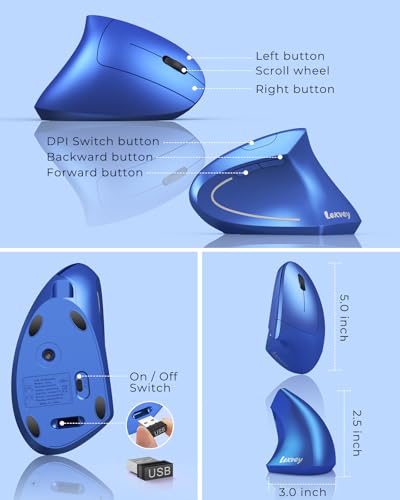 Lekvey Ergonomic Mouse, Rechargeable 2.4G USB Vertical Wireless Mouse, Blue | USB-C Charging, Wireless Plug & Play, 800/1200/1600 DPI, Quiet Clicks, 6 Buttons, Reduce Wrist Fatigue, for Laptop, Mac, PC - color: Blue