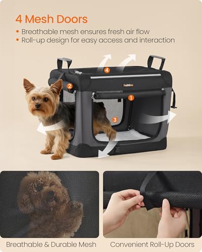 Feandrea Collapsible Dog Crate, Portable Travel Crate, 20-Inch | Oxford Fabric Pet Carrier with 4 Mesh Doors, Handles, Storage Pocket, Water Bottle Holder, UPDC015BH02 - size: S（20"L x 14"W x 14"H）